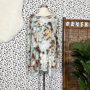 LOGO Lori Goldstein | Sheer Mesh Tie Dye Blue Brown Long Sleeve Plus Size Top 1X